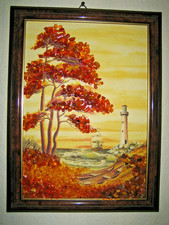 Bild mit echtem Bernstein Landschaft gerahmt Handarbeit ca. 18 x 24 cm