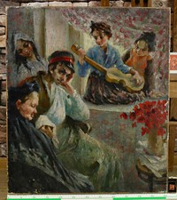 Krikor Bedikian 1908-1981 Ölgemälde Mädchen Musik Hauskonzert Personen Ölbild