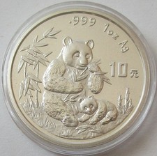 China 10 Yuan 1996 Panda Shenyang Mint (Großes Datum) 1 Oz Silber