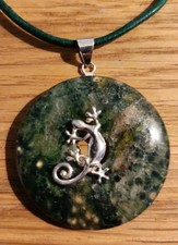 ? Ocean-Jaspis Donut 40 mm mit 925 Silber Donuthalter Eidechse + Rindslederband