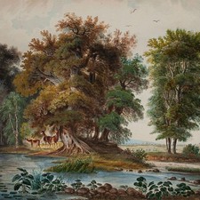Johann Poppel? Romantische Landschaft mit Rehen Landschaftmaler Aquarell 19 Jh