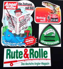 4x Werbe-Aufkleber Angler Fischen DAM Shakespeare Rute & Rolle 80er Konvolut
