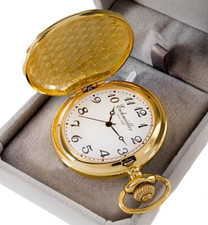 Eichmüller Taschenuhr Gold 45 mm Savonnette Quarz mit Kette und Box 3 Zeiger