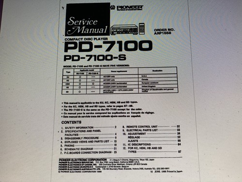 Pioneer 7100 service - pd-7100, manual
