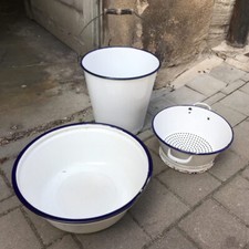 Emailset: Emaileimer Emailschüssel Emailsieb Emailschale Weiß Blau vintage antik