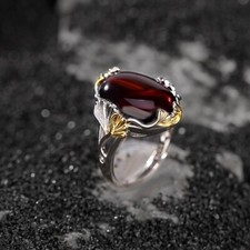 F02 Ring Gingkoblatt hält roten Bernstein Blutbernstein Silber 925 verstellbar