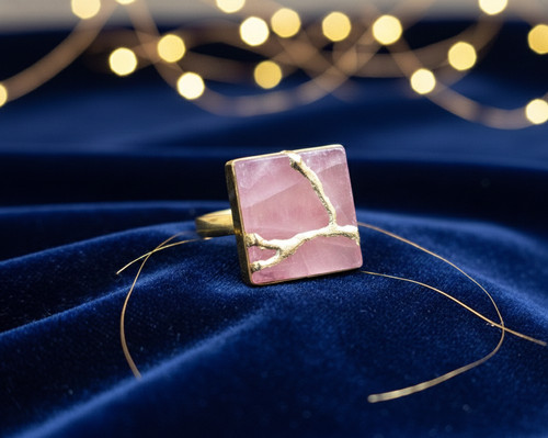 Kintsugi rosenquarz kunst ring - rosenquarz,