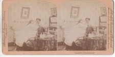 Vintage Stereofoto 18x9 cm: Last in Bed blows out the Light (1897)