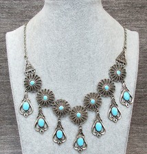 (B07)  Modeschmuck   Collier in Silber + Türkis / Indianerstyle 55cm
