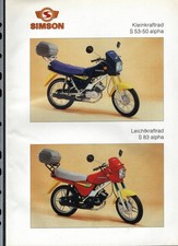 Prospekt Simson Kleinkrafträder Mopeds Datenblatt S 53 S 83 Alpha