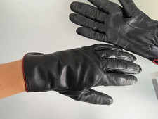 Schwarze Echtleder Damen Handschuhe Gr 6 ,6,5 Leder Roter Rand edel robust glatt