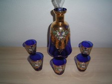 *Karaffe + 5. Schnapsglas/Becher*Kobalt Blau*mit Goldrand*bemalt*Vintage*