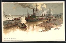 Künstler-AK Mainz, Uferpartie mit Dampfboot 