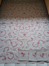 Echte Handarbeit Tischdecke & 6 Servietten Baumwolle Stickerei mit Blumenmotiv