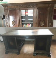 Büro Möbel Schreibtisch & Akten Schrank Massiv Holz Vitrine Löwenfüße Antiquität