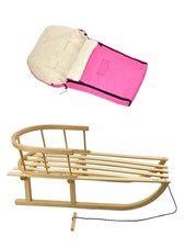 Holzschlitten Rückenlehne & Zugseil + Winterfußsack mit Wolle 90cm Kombi-Set