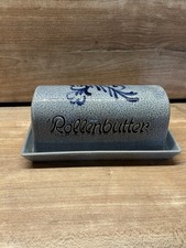 Vintage Steingut Rollenbutter Dose Butterglocke Salzglasur grau-blau 60/70er