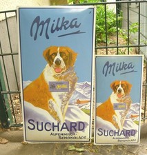 2 x altes Emailschild Milka Schokolade Suchard Alpen Bernhardiner Lila Kult rar!