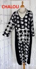 CHALOU Designer Jersey Damen Kleid Gr. 46 schwarz weiß Kreis Muster Länge 110 cm
