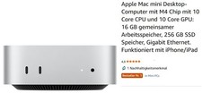 Apple Mac Mini Desktop-Computer mit M4 Chip mit 10 Core CPU und 10 Core GPU: 16