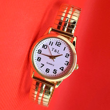 Quarz Uhr Zugband Stretch Armband Edelstahl gold Damen Oma Mädchen geprüft & neu