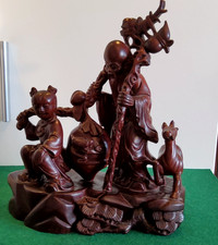 China Holzschnitzerei der Gott der Langlebigkeit und Kind sikahirsche aus 20.Jh