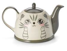 Große Teekanne Katze Katzengesicht Grau Kanne Keramik 1,5 L Manga-Stil B-Ware