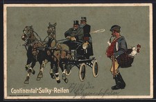 AK Reklame für Continental Sulky-Reifen, Pferdegespann, Bauer mit Huhn im Korb 