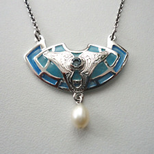 Jugendstil Kette Aquamarin Perle Emaille Collier Jugendstilschmuck Silber 925/-