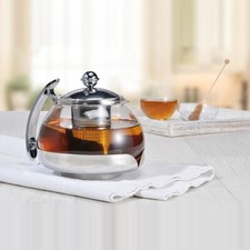 Elegante Tee-Kanne Teekanne aus hitzebeständigem Glas mit Edelstahlhalter 1,2 L