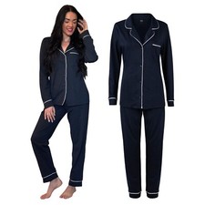 Schlafanzug Damen lang Pyjama 100% Baumwolle Zweiteiliges Set Langarm Knopfleist