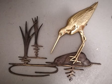 Grosse Wanddeko Bachstelze Kranich Reiher Messing 50er-Jahre 45 cm x 39 cm