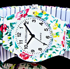 Excellanc Damen Armband Uhr mit Zugband Flexband Schwarz Rot Weiß Blumen Bunt