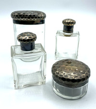 Antik 4 Tlg. Toiletten Garnitur Kristall Glas Behälter mit je 950 Silber Montur