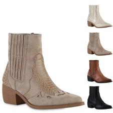 Damen Cowboy Boots Stiefeletten Spitze Holzoptikabsatz Schuhe 841855 New Look