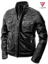 Herren Motorrad Biker Vintage Distressed Schwarz Cafe Racer Echtleder Jacke