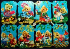 Glanzbilder, Oblaten,  Bogen mit Nr. 98.-92 und Logo  Krüger Bären Teddy Vintage