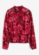 Chiffon-Bluse Gr. 48 Rot Geblümt Damen Langarmbluse Shirt Tunika Oberteil Neu