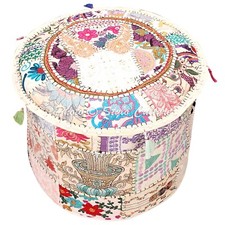 Weißer runder Ottomane Stuhl Pouf Hocker Patchwork Handarbeit Pouf Poof INDIS...