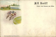 Litho Rennfahrer auf der Radrennbahn, All Heil, Gruß vom Rennen... - 11273953