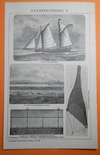 Netzfischerei Fischen  Reuse Schleppnetz Holzstich 1895 Fischer Netz 