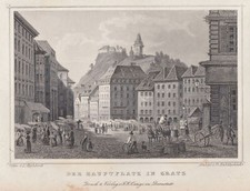 Graz Hauptplatz Original Stahlstich Hablitschek 1842