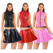 DE Damen PVC PU Leder Short Skater Rock Wet Look Top Weste Shiny Clubwear
