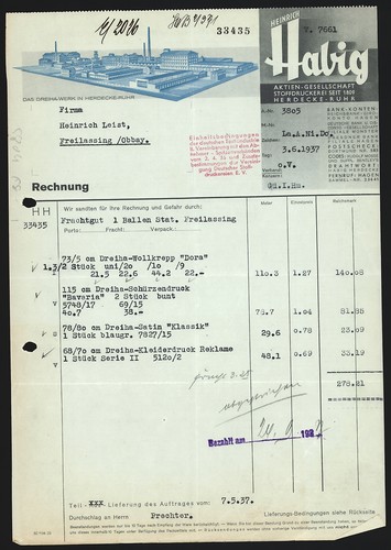 Rechnung herdecke ruhr - rechnung, 1937