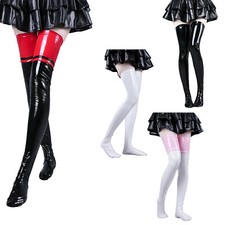 Damen Sexy Leder Optik Strümpfe Wetlook Halterlose Strümpfe Oberschenkel Socken