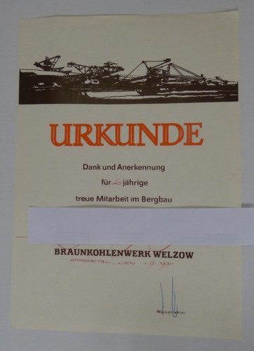 Urkunde braunkohlenwerk welzow - braunkohlenwerk,