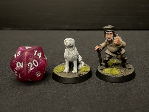 Grumpy villager and dog - and,