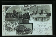 Mondschein-Lithographie Wilhelmshaven, Park, SMS Gneisenau, Roonstraße 1898 
