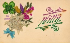 Glitzer Material Ak Andenken, Echte Pflanze, Edelweiß, Glücksklee - 4337679