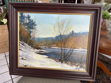 Ölbild auf Leinwand Winterlandschaft Rahmen 60x50  signiert See Fluss Meer